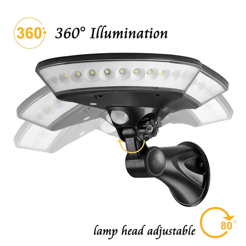 White 360-degree solar-powered outdoor light with motion sensor on a stake for garden installation.