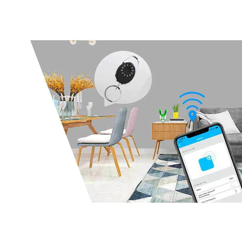 Black Bluetooth anti-lost tracker with keychain, compatible with iPhone, two-way alarm and selfie remote, 35x55x90mm
