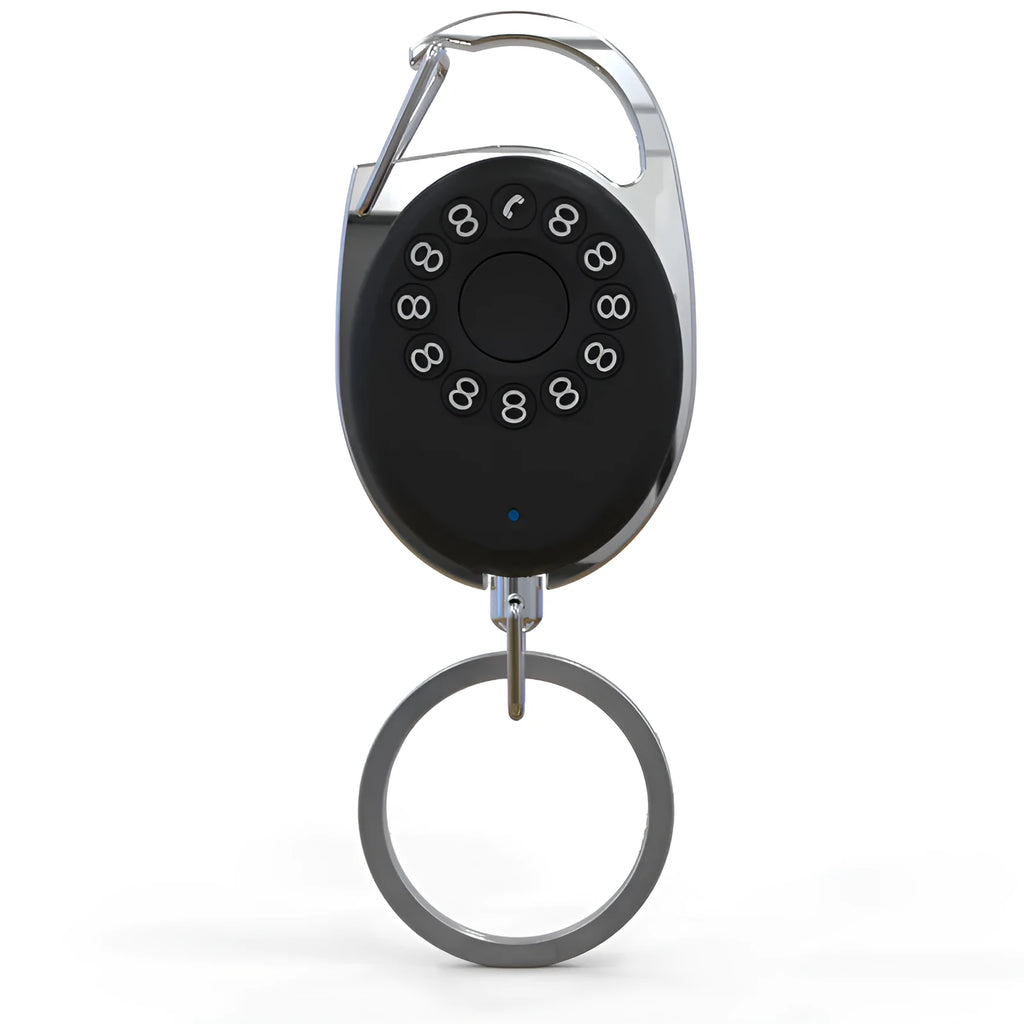 Black Bluetooth anti-lost tracker with keychain, compatible with iPhone, two-way alarm and selfie remote, 35x55x90mm
