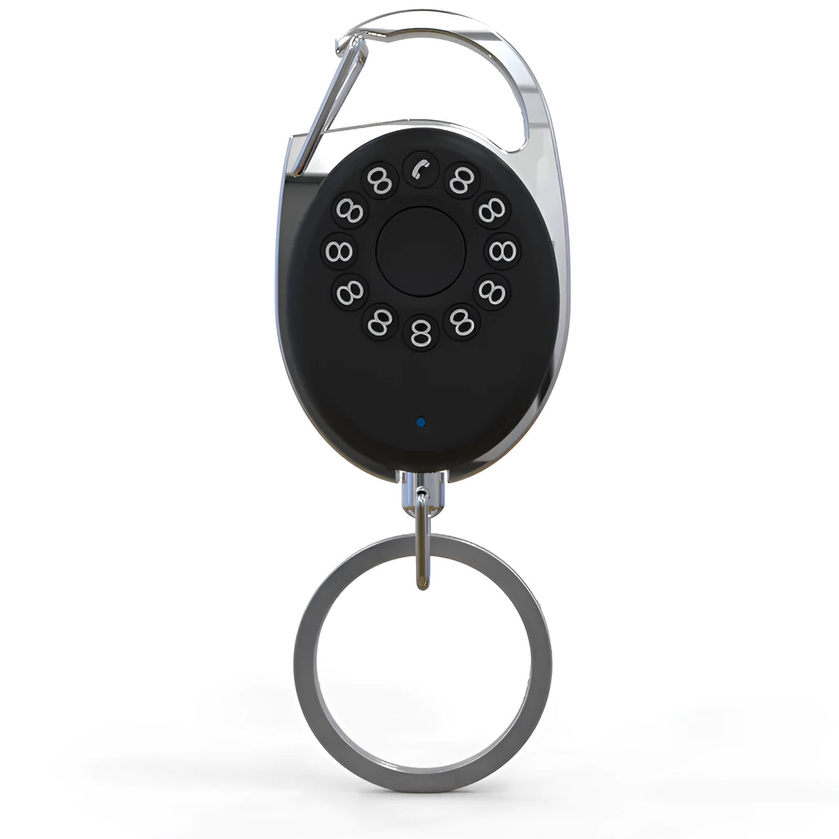 Black Bluetooth anti-lost tracker with keychain, compatible with iPhone, two-way alarm and selfie remote, 35x55x90mm
