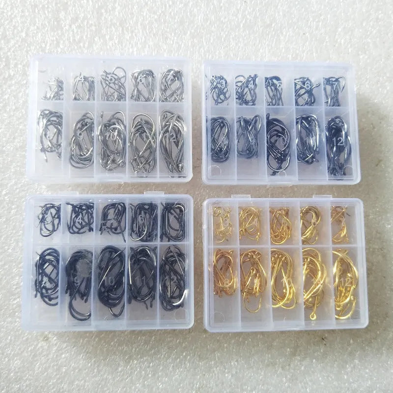 Boxed set of 100 Ise Ni barbed hooks in tubes, sizes 3-12, in black, gold, and silver options.