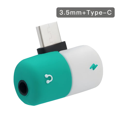 Blue and yellow 2-in-1 charging audio adapter for Huawei and Honor Android phones showing 30mm x 12mm size