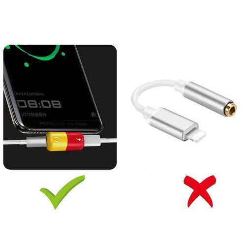 Blue and yellow 2-in-1 charging audio adapter for Huawei and Honor Android phones showing 30mm x 12mm size