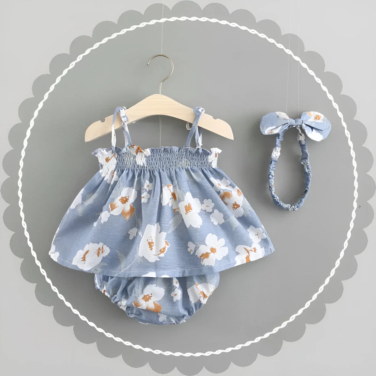 Cotton floral baby summer dress with strap skirt in blue, pink, or yellow, sizes 70cm to 100cm