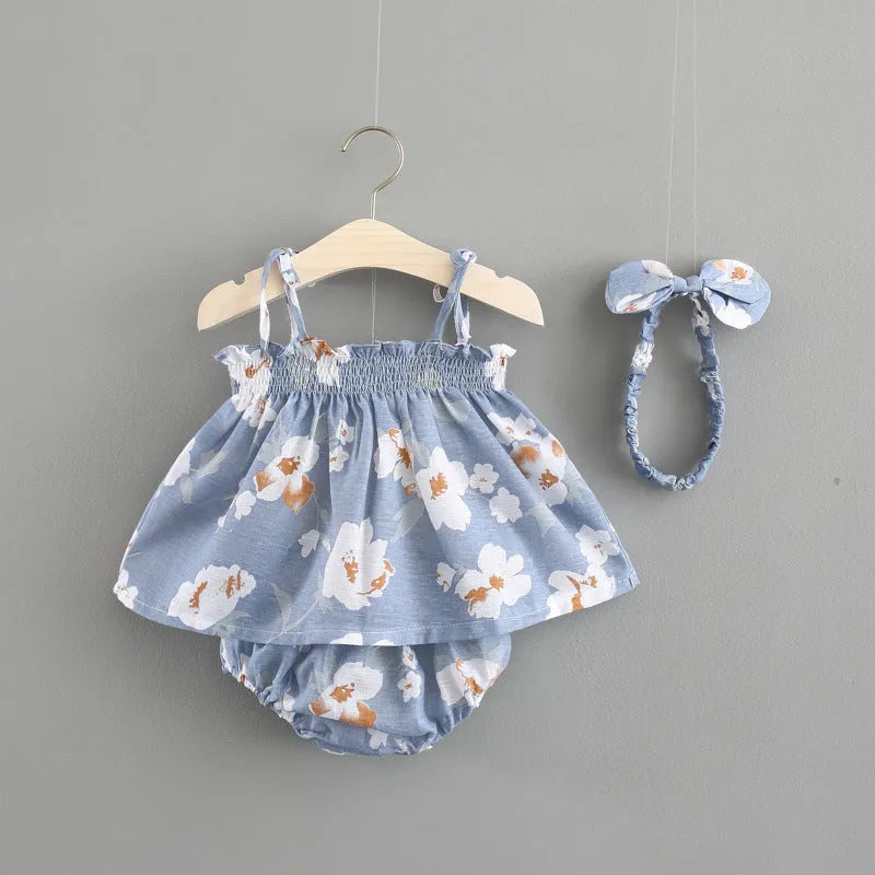 Cotton floral baby summer dress with strap skirt in blue, pink, or yellow, sizes 70cm to 100cm