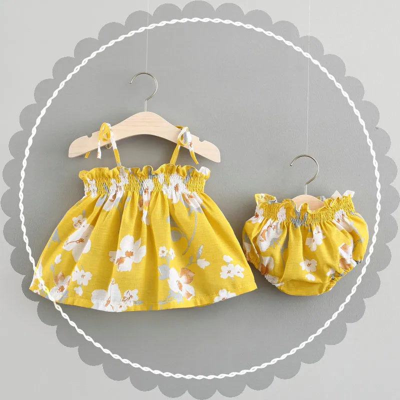 Cotton floral baby summer dress with strap skirt in blue, pink, or yellow, sizes 70cm to 100cm