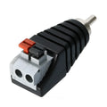 Single RCA male press plug adapter for audio cable and security monitoring with plastic shell and two holes