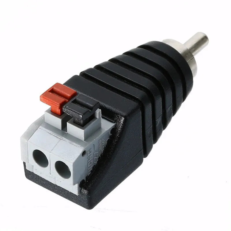 Single RCA male press plug adapter for audio cable and security monitoring with plastic shell and two holes