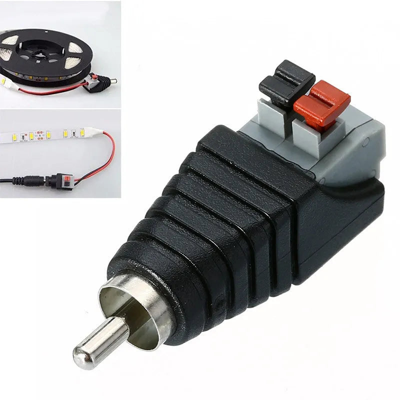 Single RCA male press plug adapter for audio cable and security monitoring with plastic shell and two holes