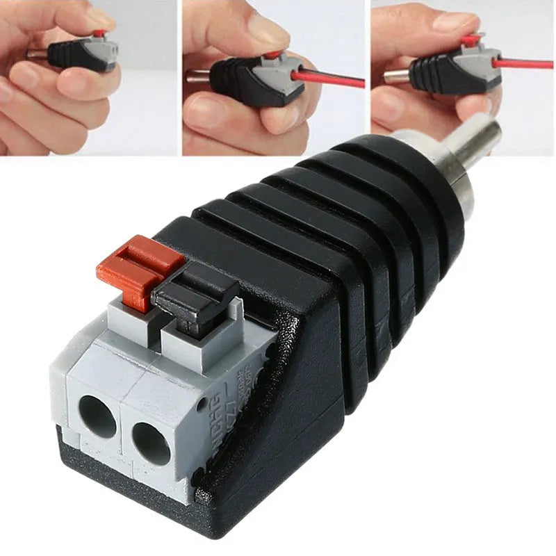 Single RCA male press plug adapter for audio cable and security monitoring with plastic shell and two holes