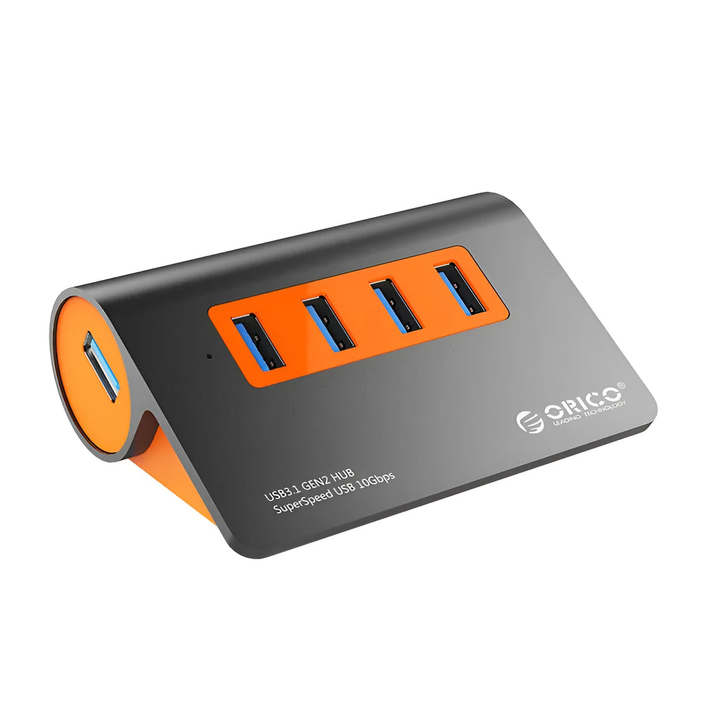 Dark grey and orange aluminium USB-C docking hub with four USB 3.1 ports and separate cable
