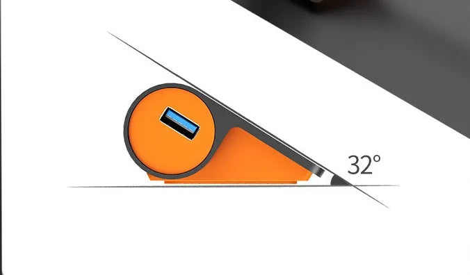 Dark grey and orange aluminium USB-C docking hub with four USB 3.1 ports and separate cable