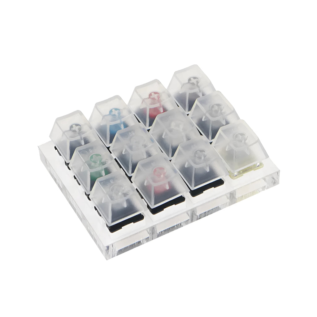 Cherry twelve-axis switch tester with white housing showing black green black tea and milk green switches