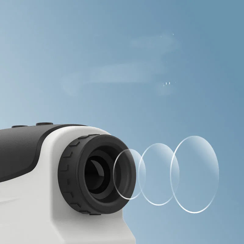 Golf laser rangefinder telescope showing distance measurement display with multiple model options