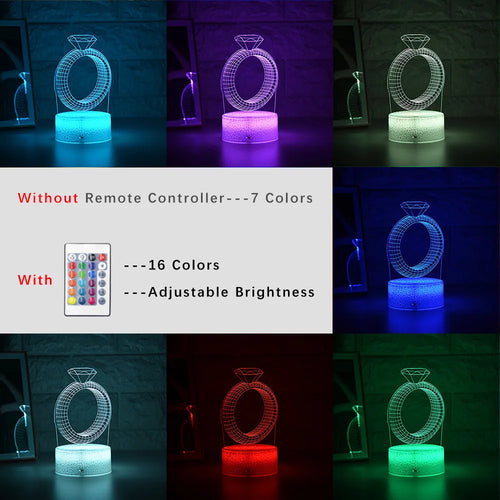 3D LED night light projecting illuminated diamond ring image with colour changing effects