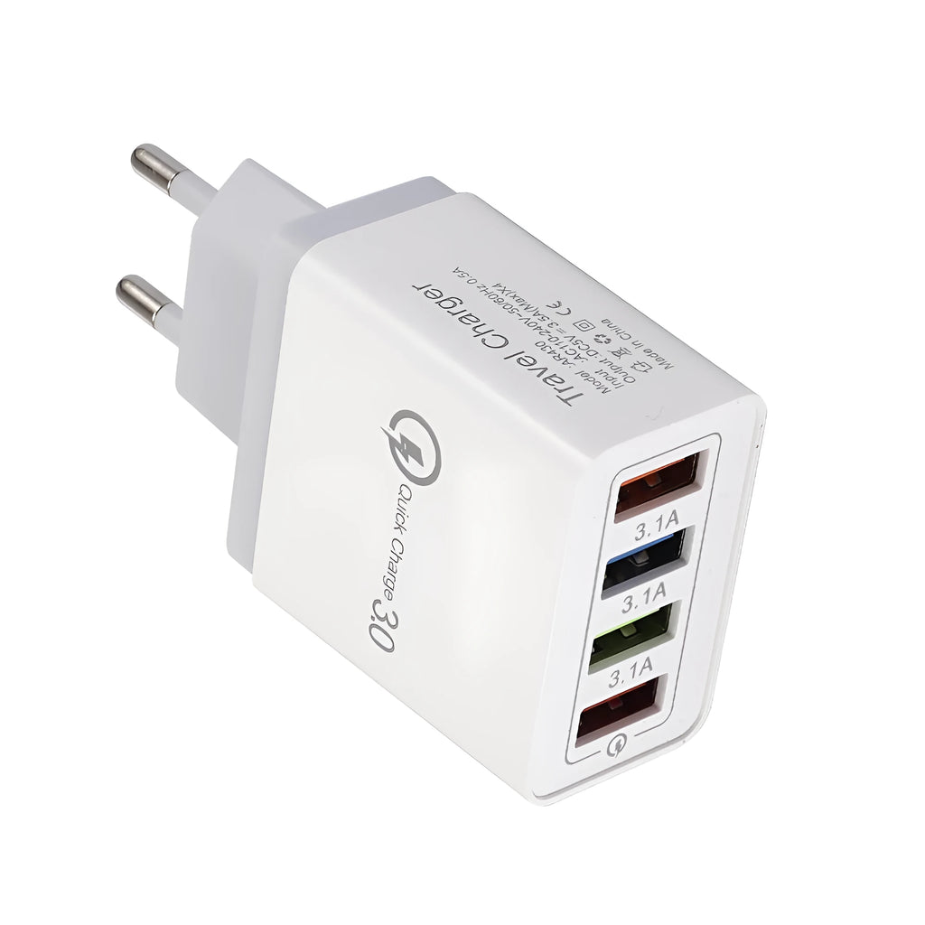 Luminous 4-port USB mobile phone charger in dark blue with EU plug, showing glowing indicator lights.