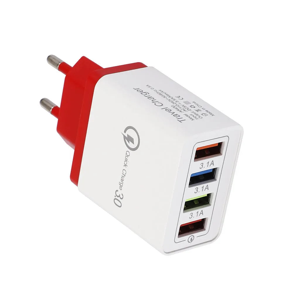 Luminous 4-port USB mobile phone charger in dark blue with EU plug, showing glowing indicator lights.