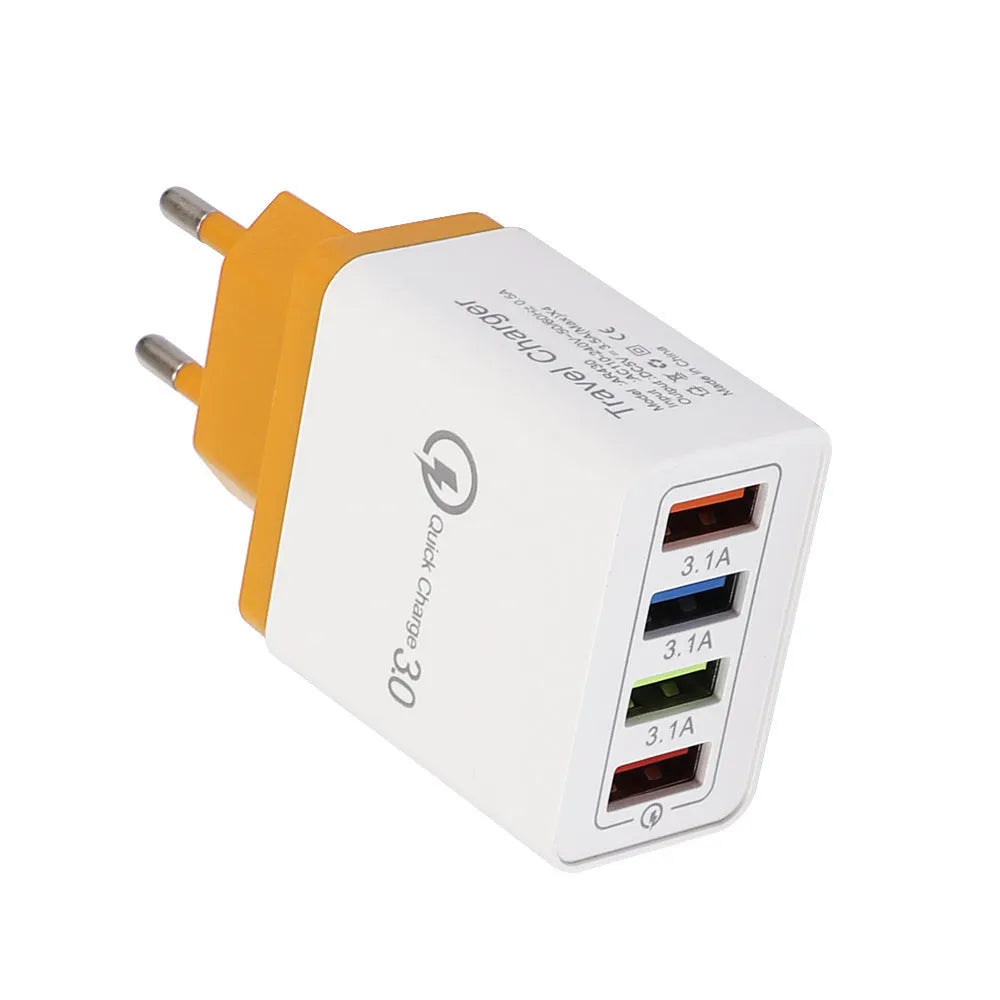 Luminous 4-port USB mobile phone charger in dark blue with EU plug, showing glowing indicator lights.