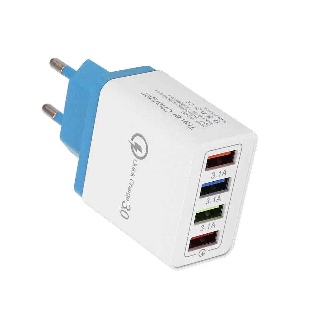 Luminous 4-port USB mobile phone charger in dark blue with EU plug, showing glowing indicator lights.