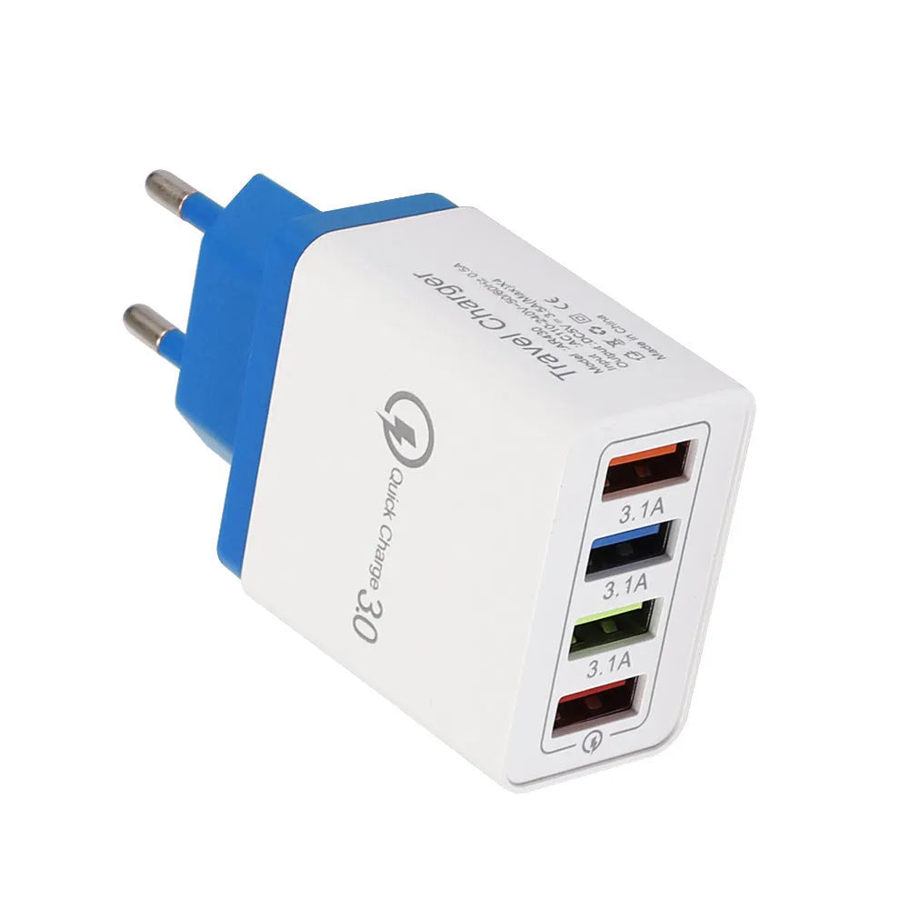 Luminous 4-port USB mobile phone charger in dark blue with EU plug, showing glowing indicator lights.