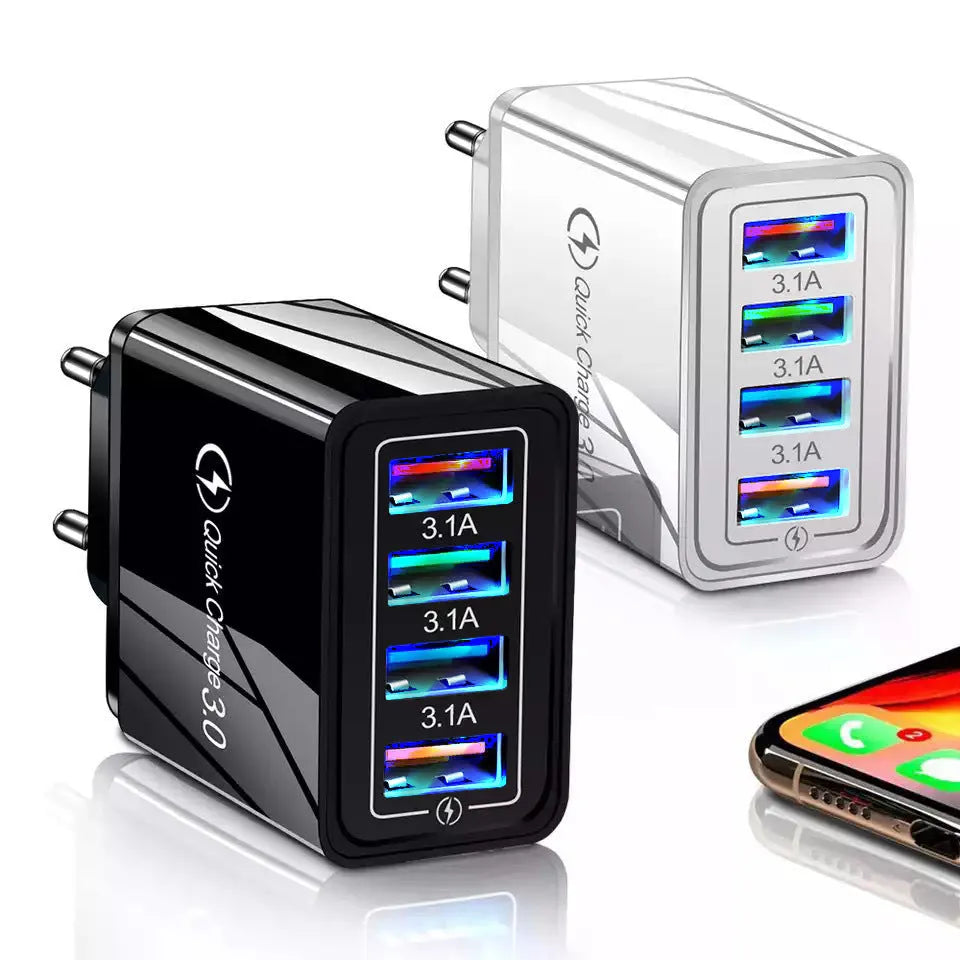 Luminous 4-port USB mobile phone charger in dark blue with EU plug, showing glowing indicator lights.