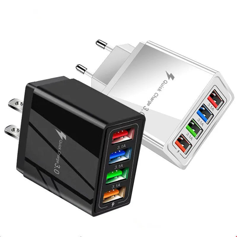 Luminous 4-port USB mobile phone charger in dark blue with EU plug, showing glowing indicator lights.