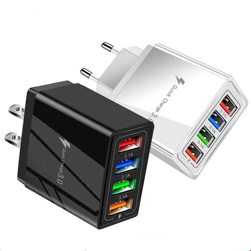 Luminous 4-port USB mobile phone charger in dark blue with EU plug, showing glowing indicator lights.