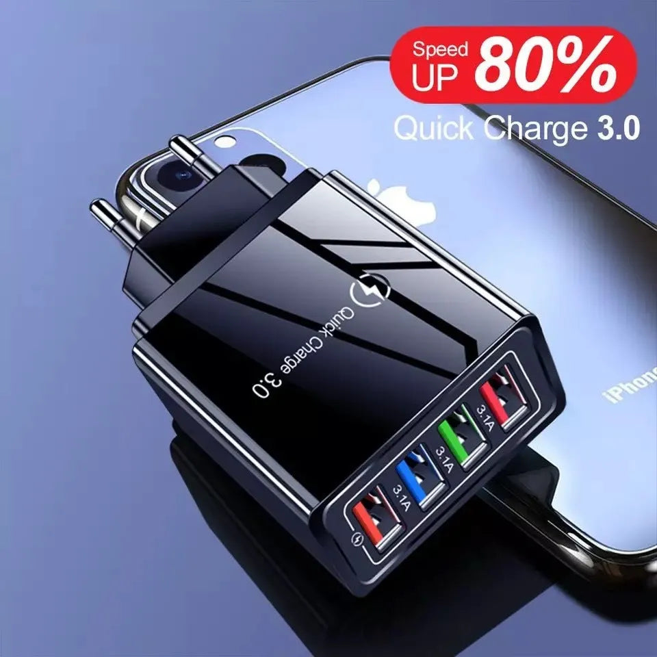 Luminous 4-port USB mobile phone charger in dark blue with EU plug, showing glowing indicator lights.
