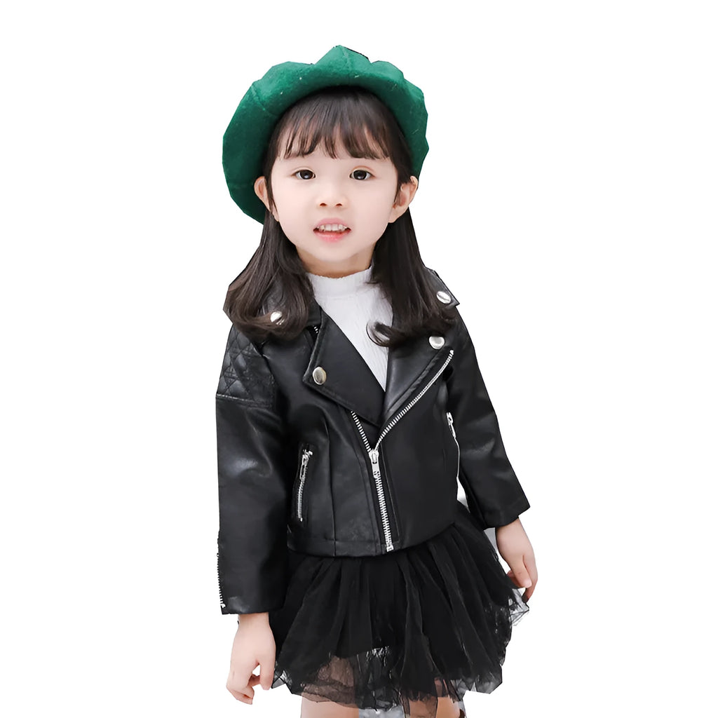 Black children's PU leather motorcycle jacket with lapel collar, short autumn coat, sizes 90cm to 130cm