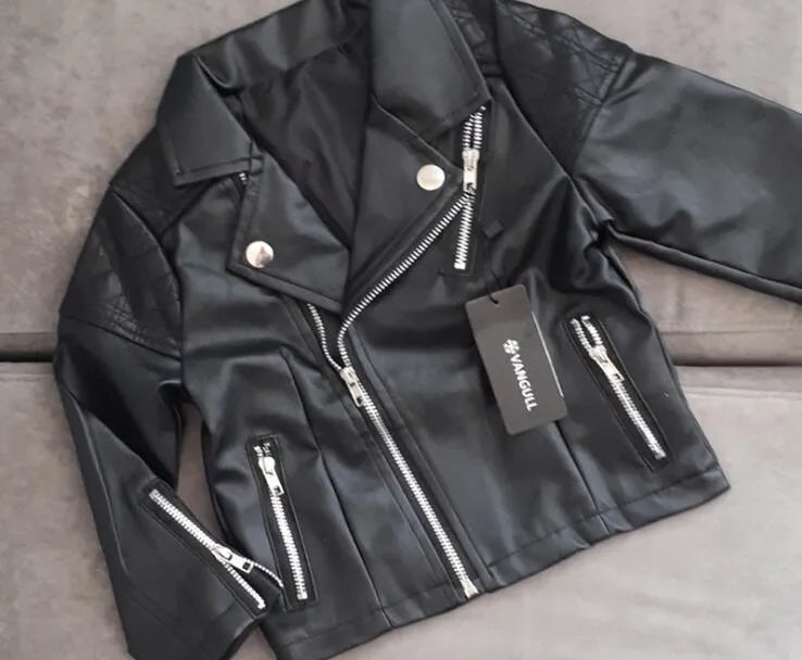 Black children's PU leather motorcycle jacket with lapel collar, short autumn coat, sizes 90cm to 130cm