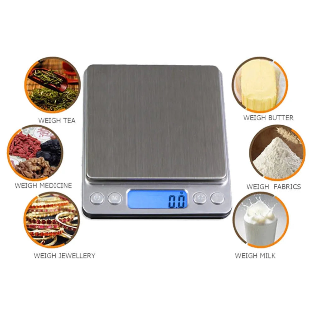 Silver ABS digital pocket scale with stainless steel pan, LED display, 1kg capacity, 0.1g precision