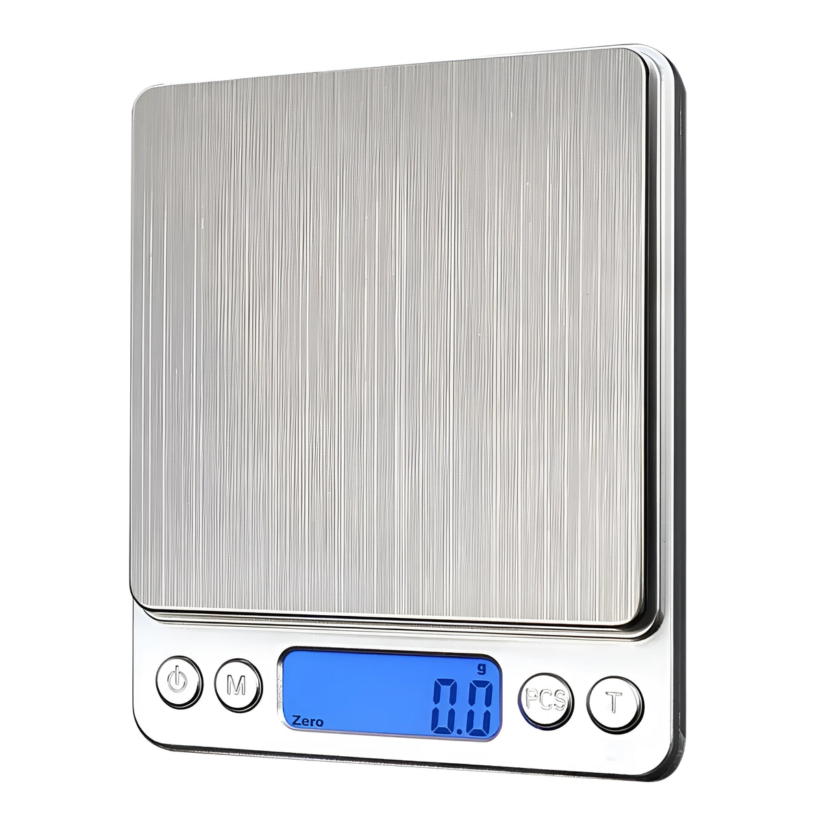 Silver ABS digital pocket scale with stainless steel pan, LED display, 1kg capacity, 0.1g precision