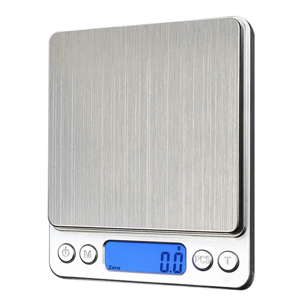 Silver ABS digital pocket scale with stainless steel pan, LED display, 1kg capacity, 0.1g precision