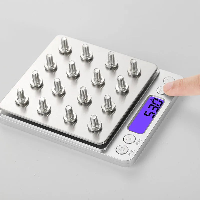 Silver ABS digital pocket scale with stainless steel pan, LED display, 1kg capacity, 0.1g precision