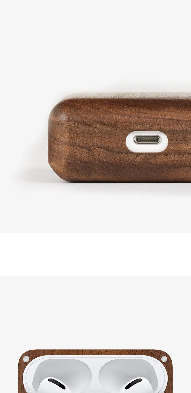 Solid wood hard shell earphone sleeve for Bluetooth wireless earphones in natural wood finish