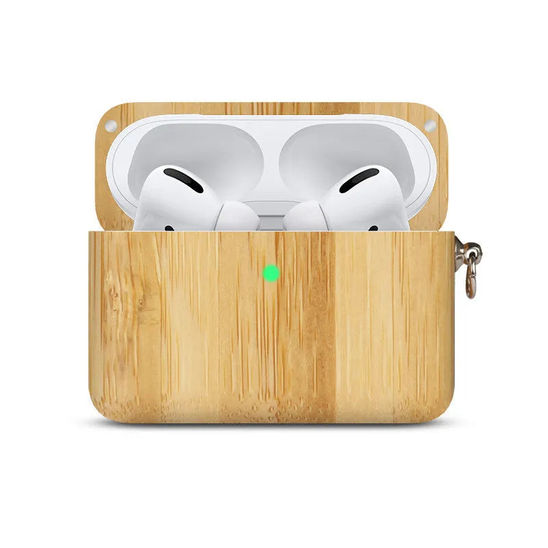 Solid wood hard shell earphone sleeve for Bluetooth wireless earphones in natural wood finish