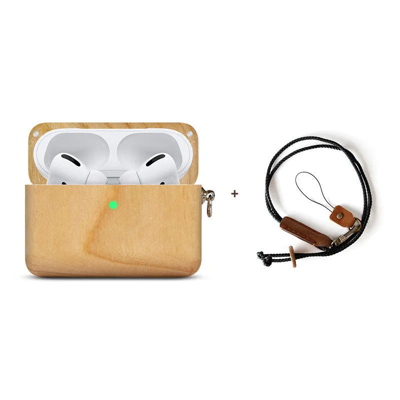 Solid wood hard shell earphone sleeve for Bluetooth wireless earphones in natural wood finish