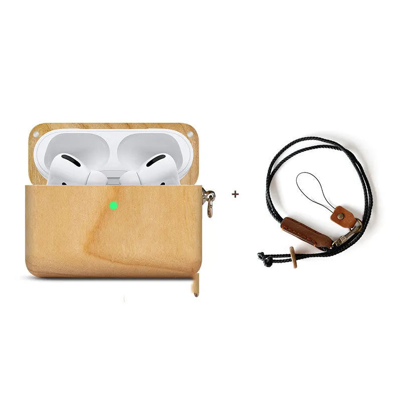 Solid wood hard shell earphone sleeve for Bluetooth wireless earphones in natural wood finish