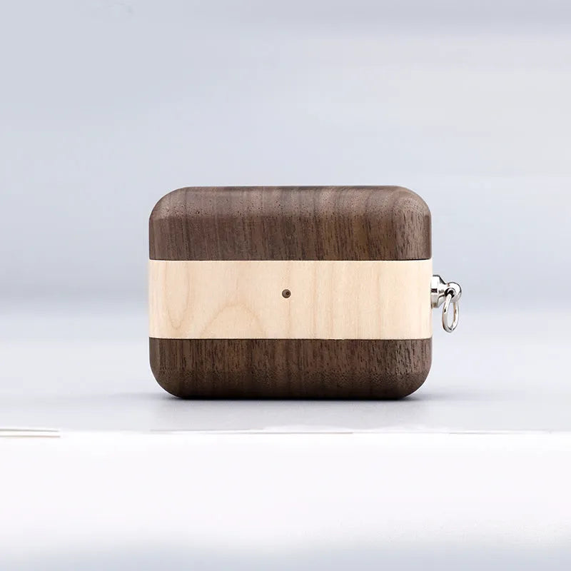 Solid wood hard shell earphone sleeve for Bluetooth wireless earphones in natural wood finish