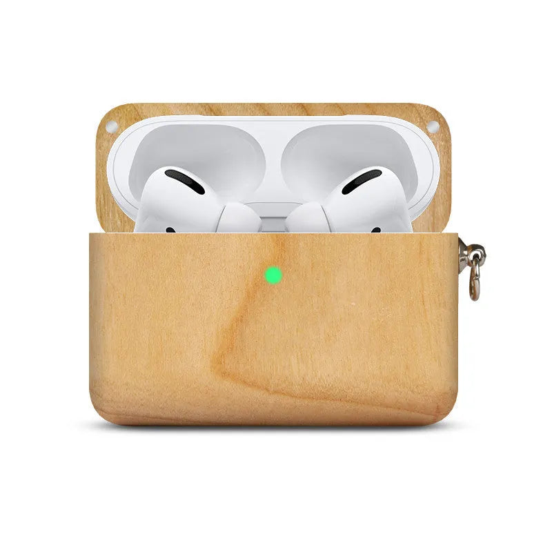 Solid wood hard shell earphone sleeve for Bluetooth wireless earphones in natural wood finish