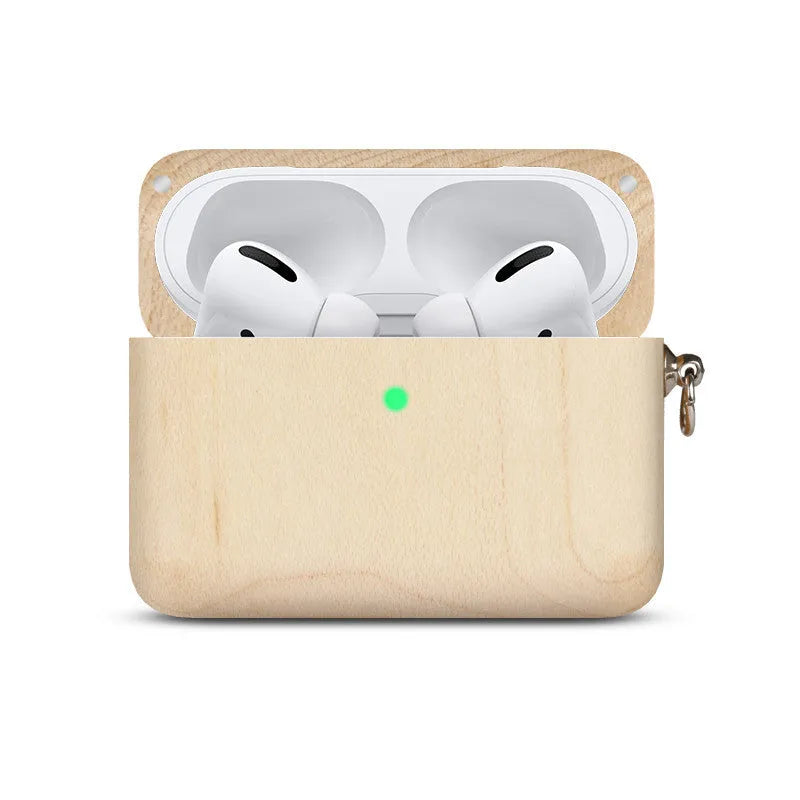 Solid wood hard shell earphone sleeve for Bluetooth wireless earphones in natural wood finish