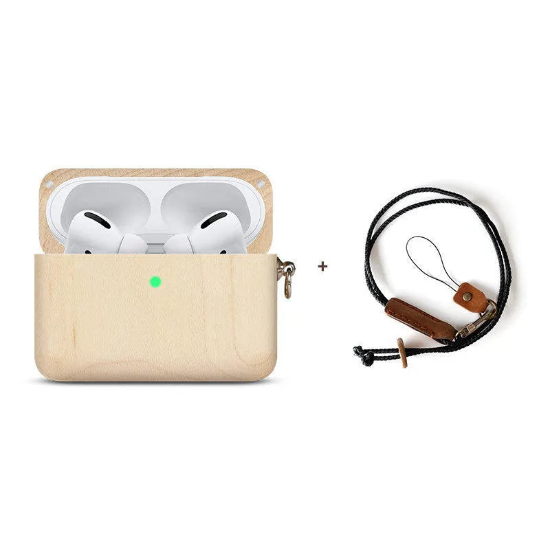 Solid wood hard shell earphone sleeve for Bluetooth wireless earphones in natural wood finish