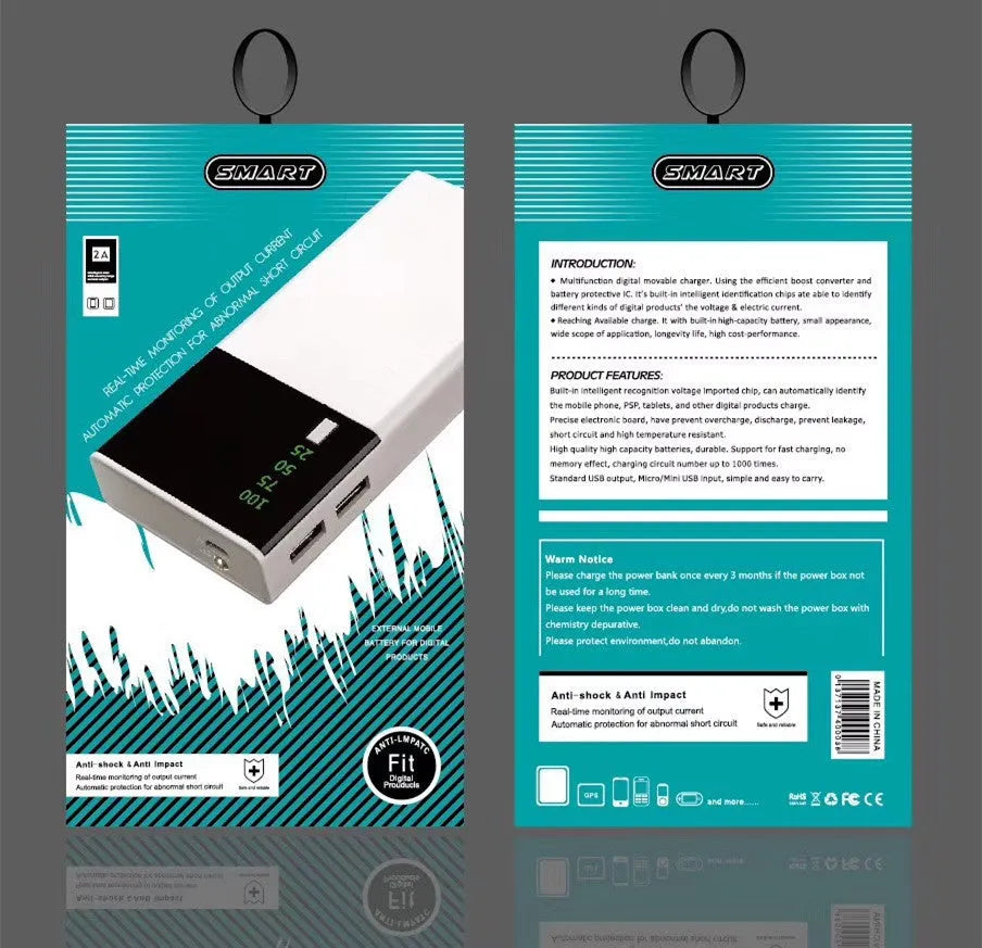 Black 20000mAh power bank measuring 135mm by 60mm with included charging cable