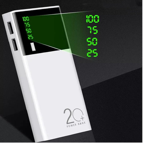 Black 20000mAh power bank measuring 135mm by 60mm with included charging cable