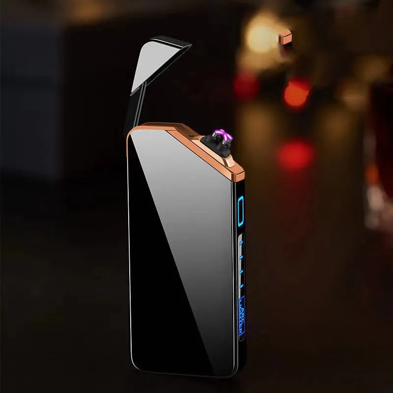 Black USB rechargeable metal lighter with windproof function, compact 73 x 35 x 11mm size
