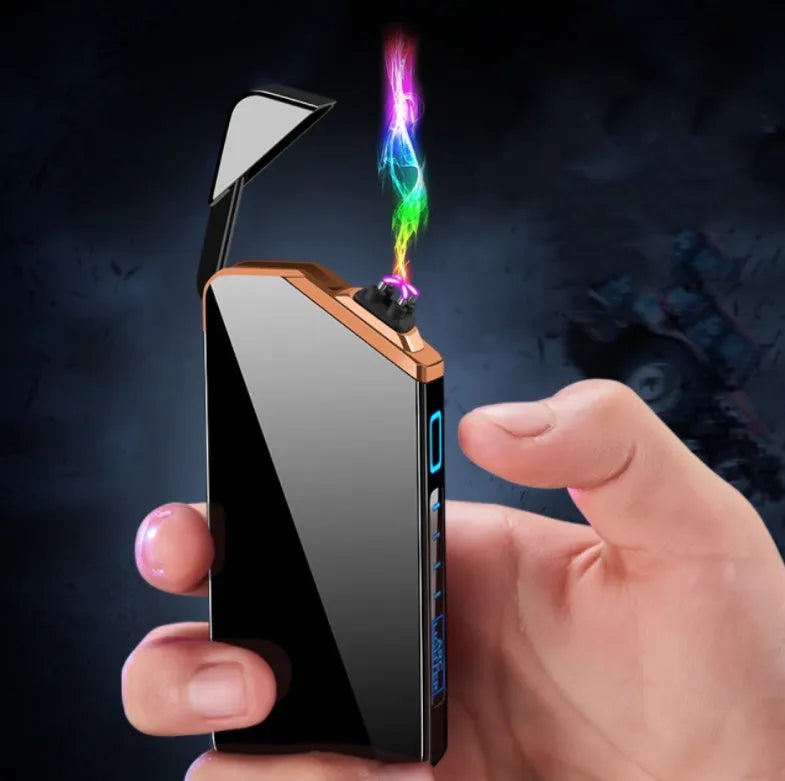 Black USB rechargeable metal lighter with windproof function, compact 73 x 35 x 11mm size