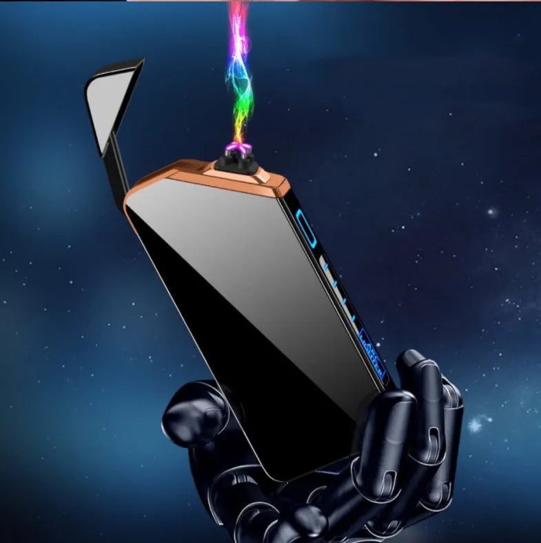 Black USB rechargeable metal lighter with windproof function, compact 73 x 35 x 11mm size