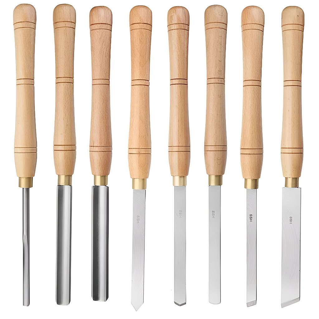 Eight chrome vanadium steel woodturning tools in a wooden storage box.