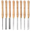 Eight chrome vanadium steel woodturning tools in a wooden storage box.