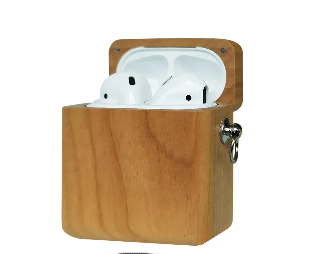 Wooden clamshell AirPods 1 and 2 case with hook, shown in bamboo, black walnut, maple, cherry, zebra or safflower pear